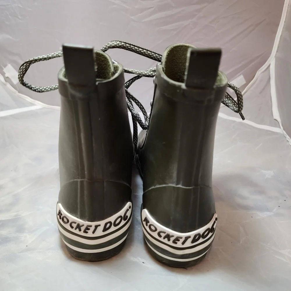Rocket Dog Olive Green Grey Rubber Lace Up Rain Boots Women's Size 7 All Seasons